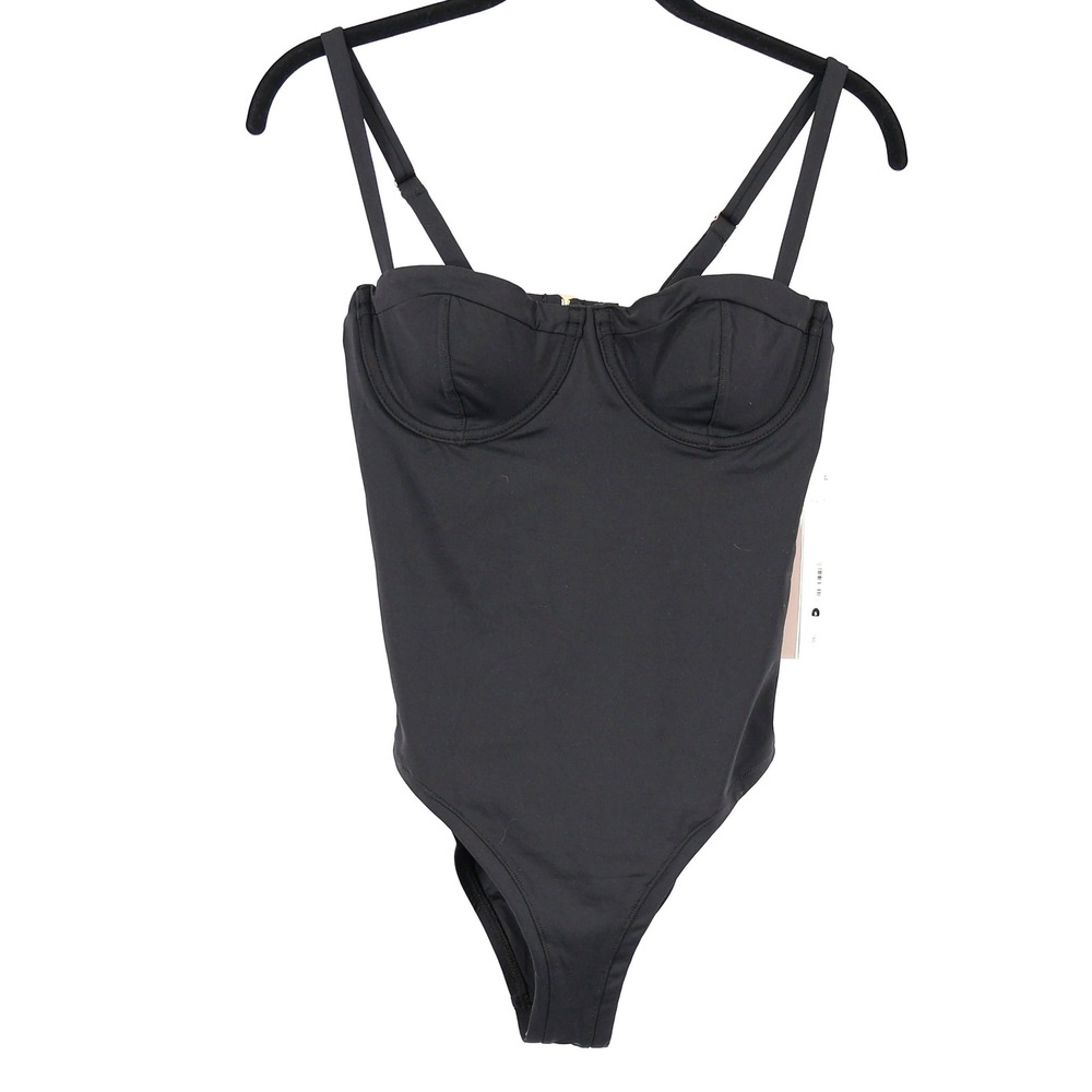 AQUA Swim One Piece Swimsuit Women Large Black Open Back High Leg Resort $98 NWT